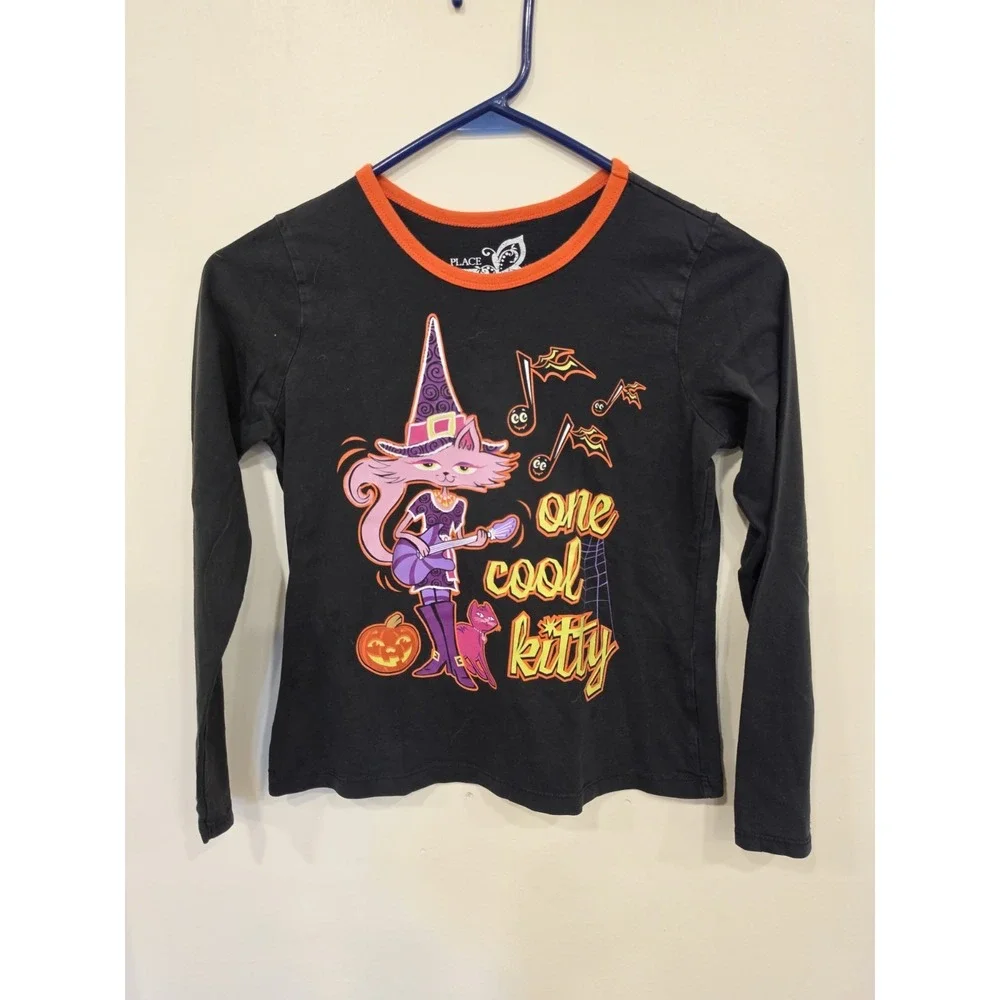 Childrens Place 10/12 Halloween Graphic Shirt Kitty Witch Pumpkin Cute Funny